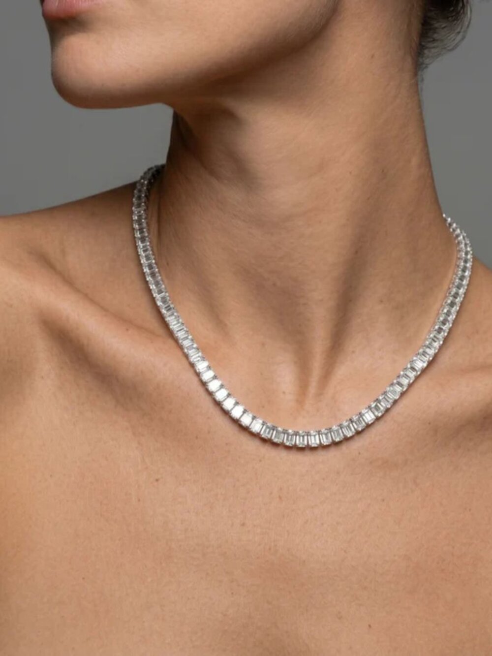 Emerald Cut Lab Diamond Tennis Necklace in 14K White Gold